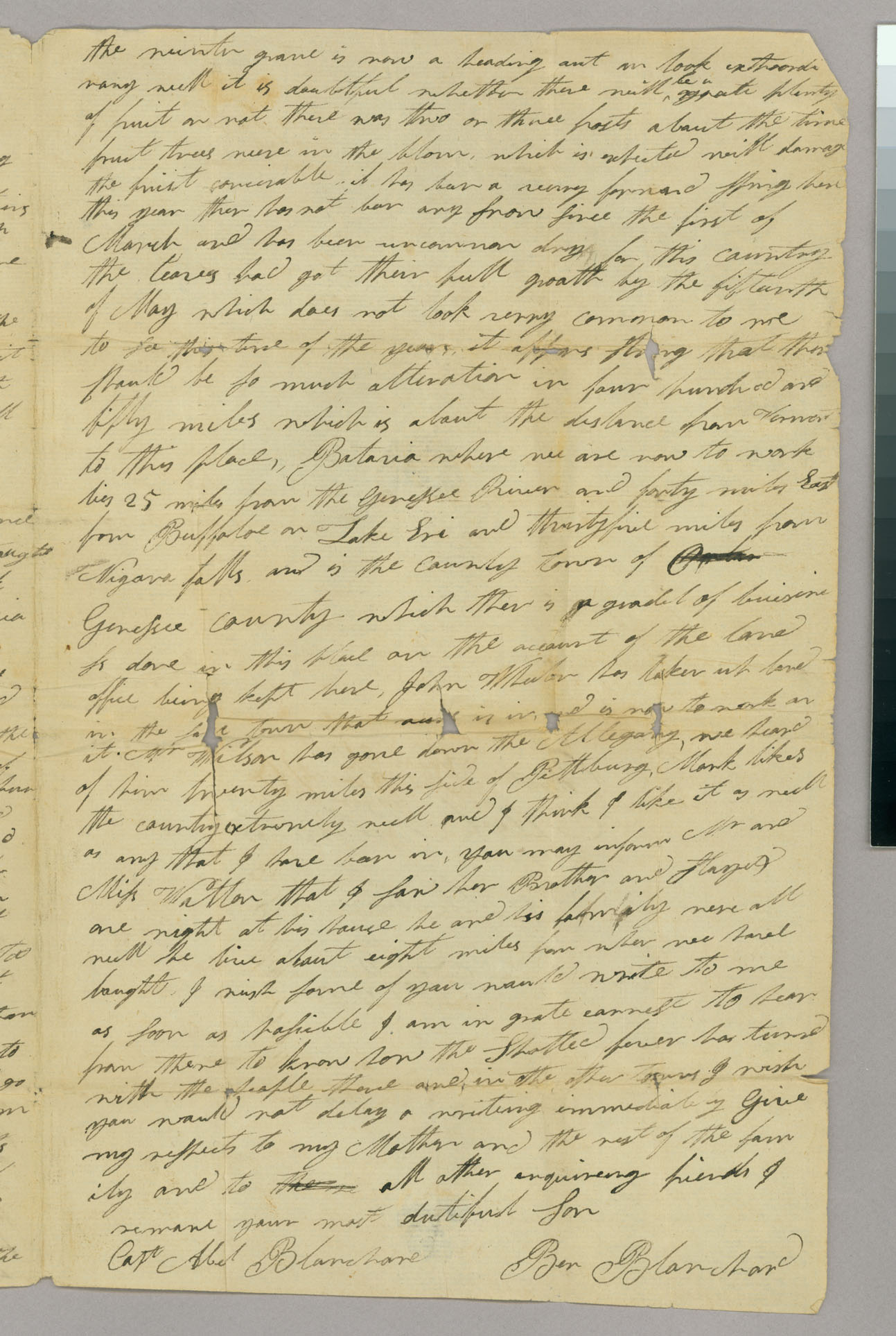 Letter, Ben[jamin] Blanchard, Batavia, New York, to Capt Abel Blanchard, Peacham, Vermont, Page 3