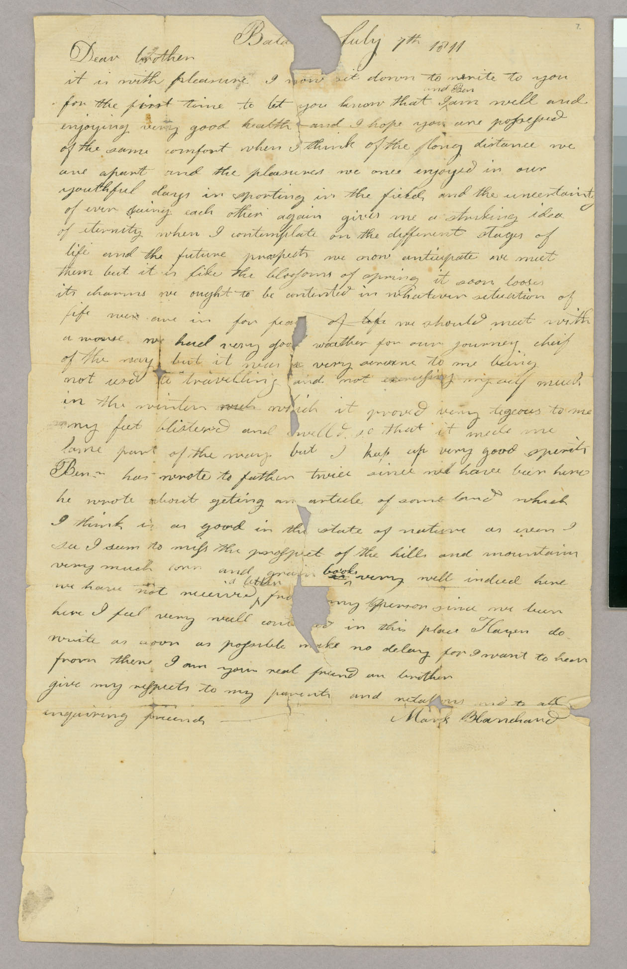 Letter, Mark Blanchard, Bata[via], New York, to Hazen Blanchard, Peacham, Vermont, Page 1
