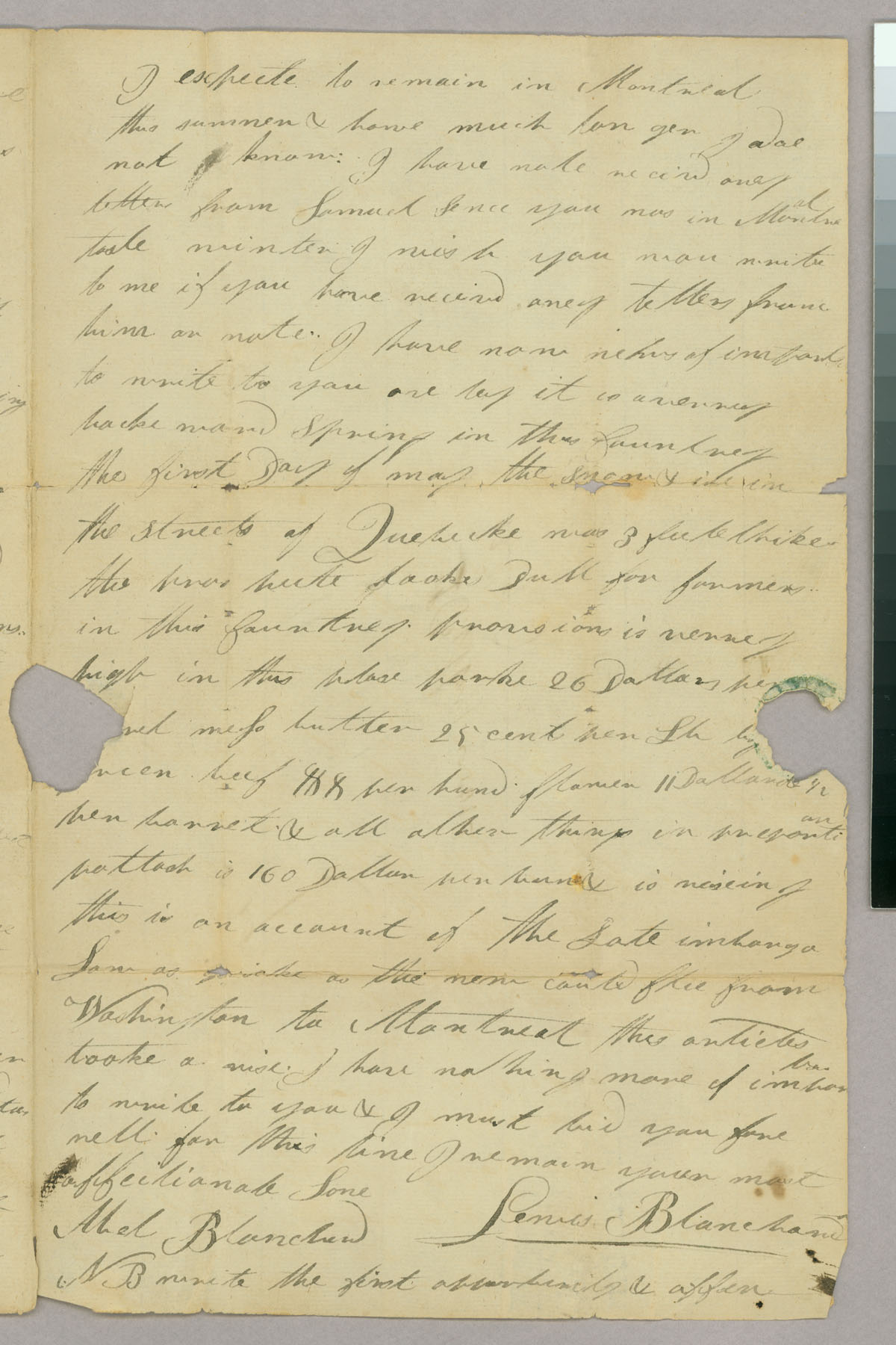 Letter, Lewis Blanchard, Montreal, Lower Canada, to Abel Blanchard, Peacham, Vermont, Page 3