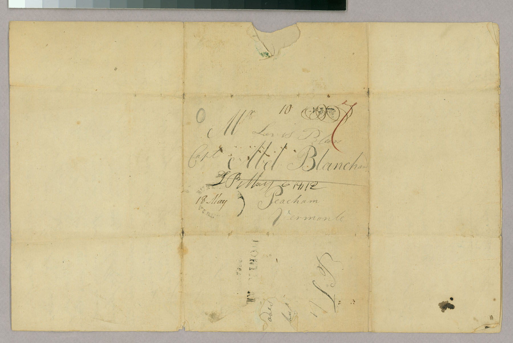 Letter, Lewis Blanchard, Montreal, Lower Canada, to Abel Blanchard, Peacham, Vermont, Address Leaf