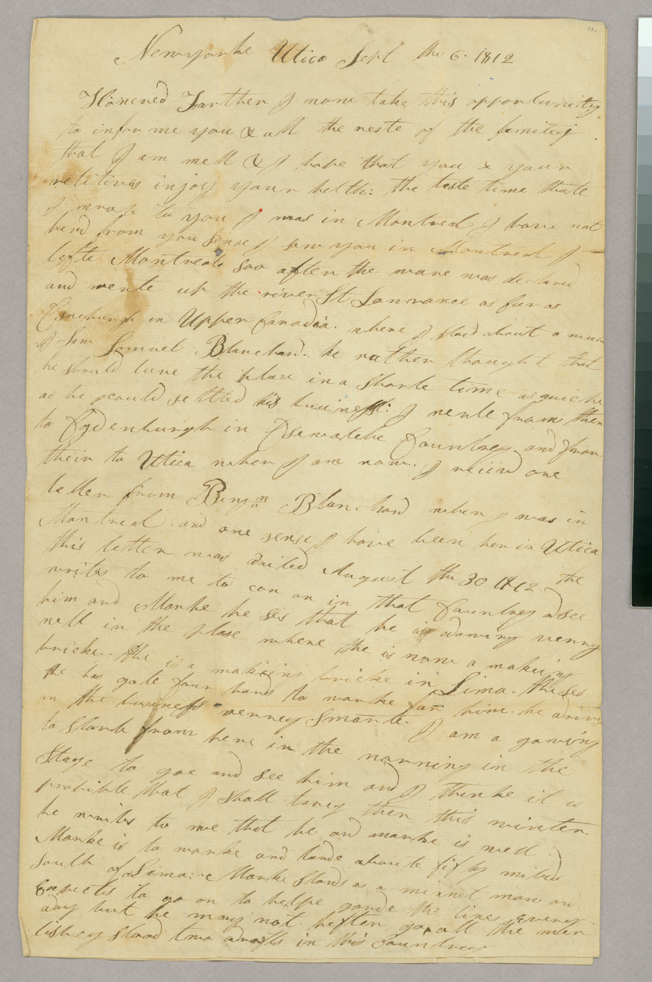 Letter, Lewis Blanchard, Utica, New York to Mr Capt Abel Blanchard, Peacham, Vermont, Page 1