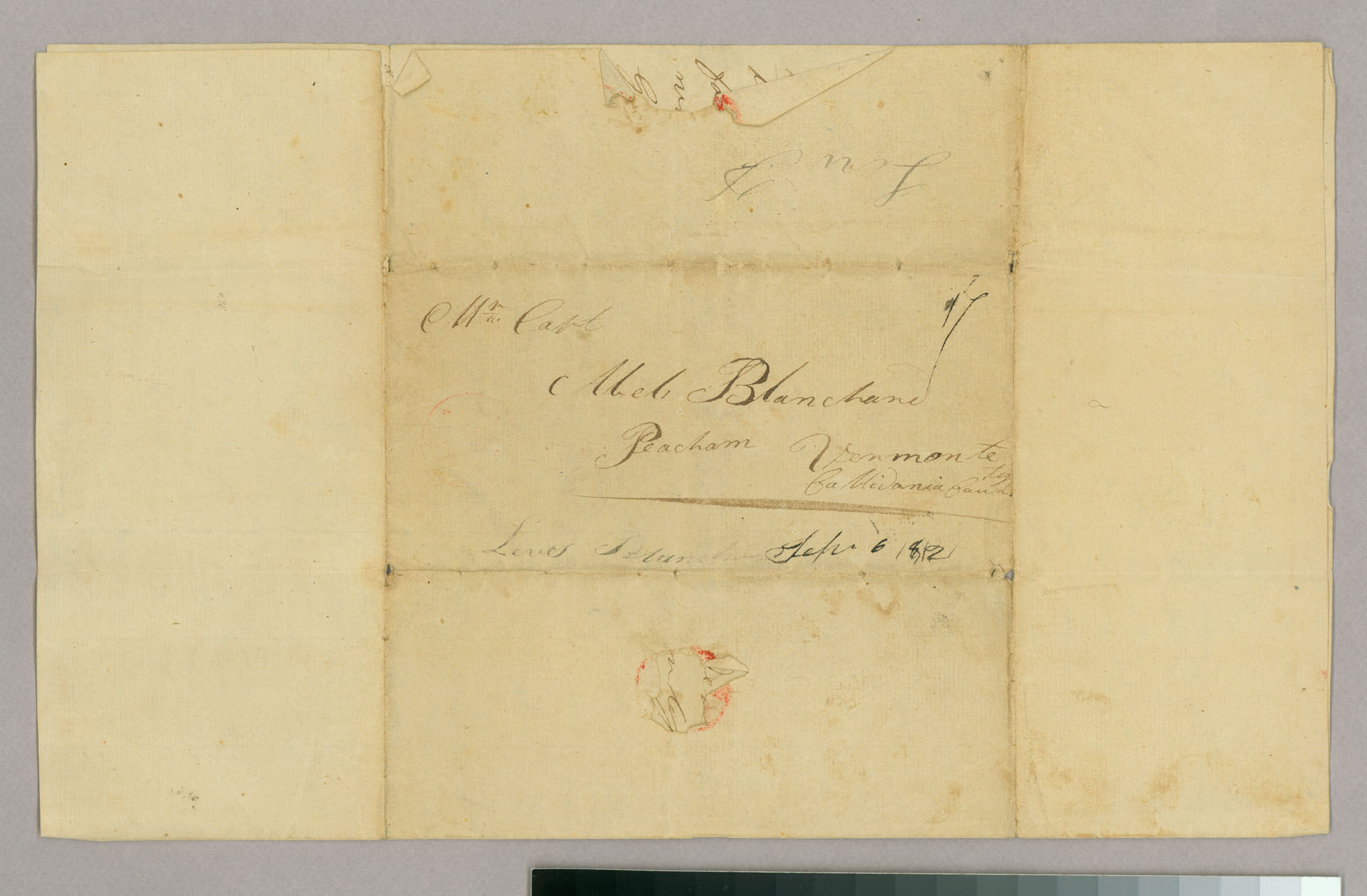 Letter, Lewis Blanchard, Utica, New York to Mr Capt Abel Blanchard, Peacham, Vermont, Address Leaf