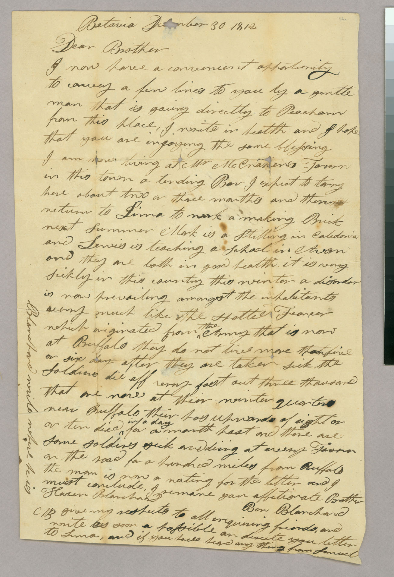 Letter, Ben[jamin] Blanchard, Batavia, New York, to Hazen Blanchard, Peacham, Vermont, Page 1