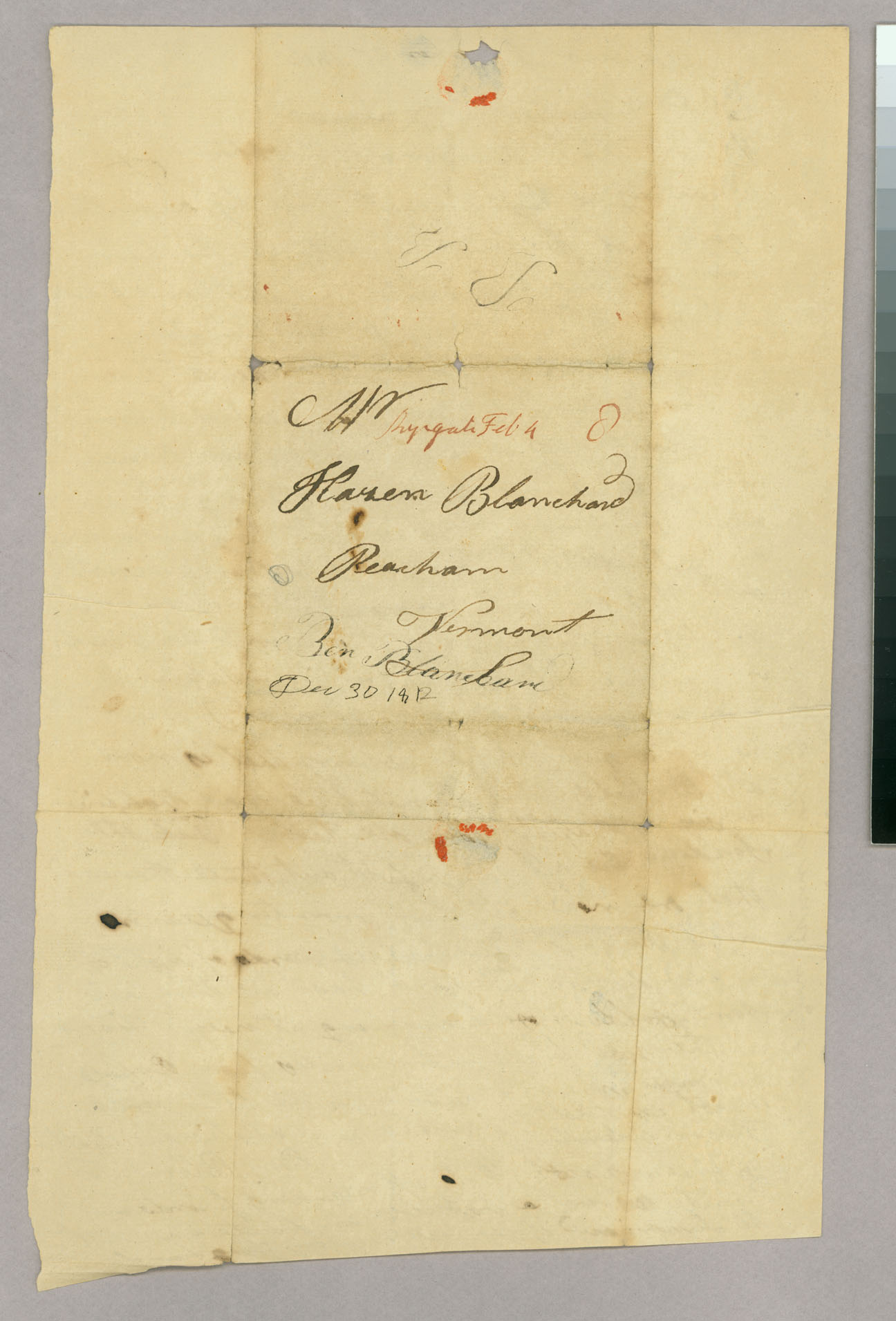 Letter, Ben[jamin] Blanchard, Batavia, New York, to Hazen Blanchard, Peacham, Vermont, Address Leaf