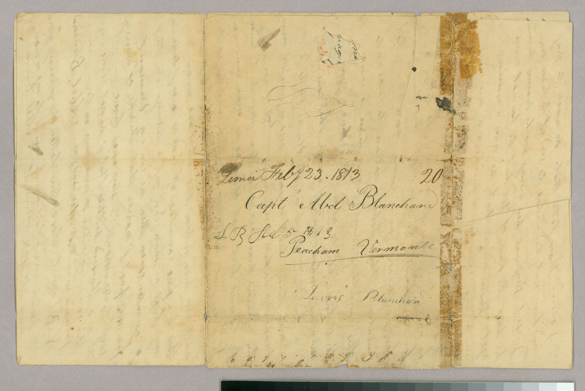 Letter, Lewis Blanchard, Lima, New York to Capt Abel Blanchard, Peacham, Vermont, Address Leaf