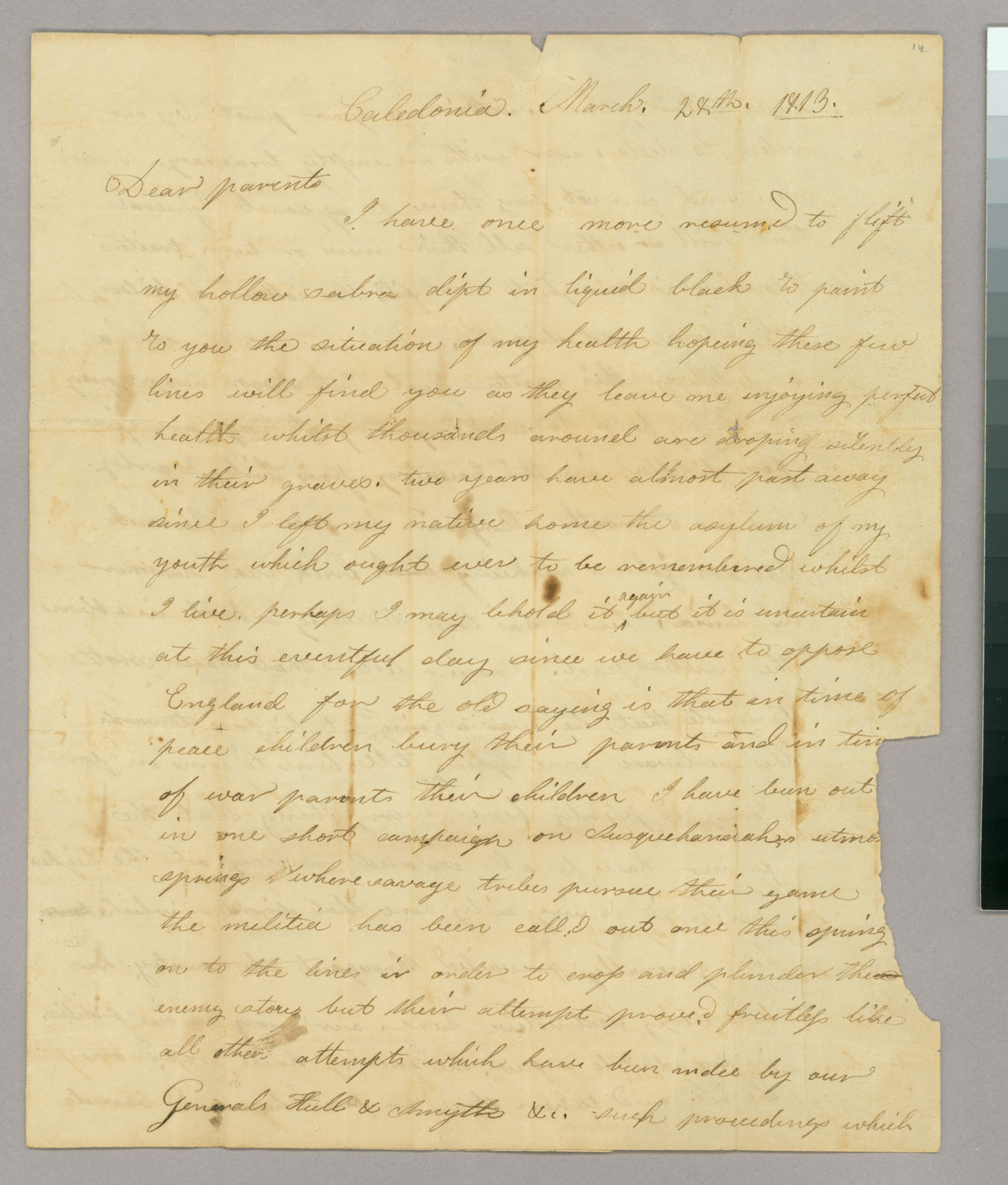 Letter, Mar[k Blanchard], Caledonia, New York, to Mr Abel Blanchard, Peacham, Vermont, Page 1