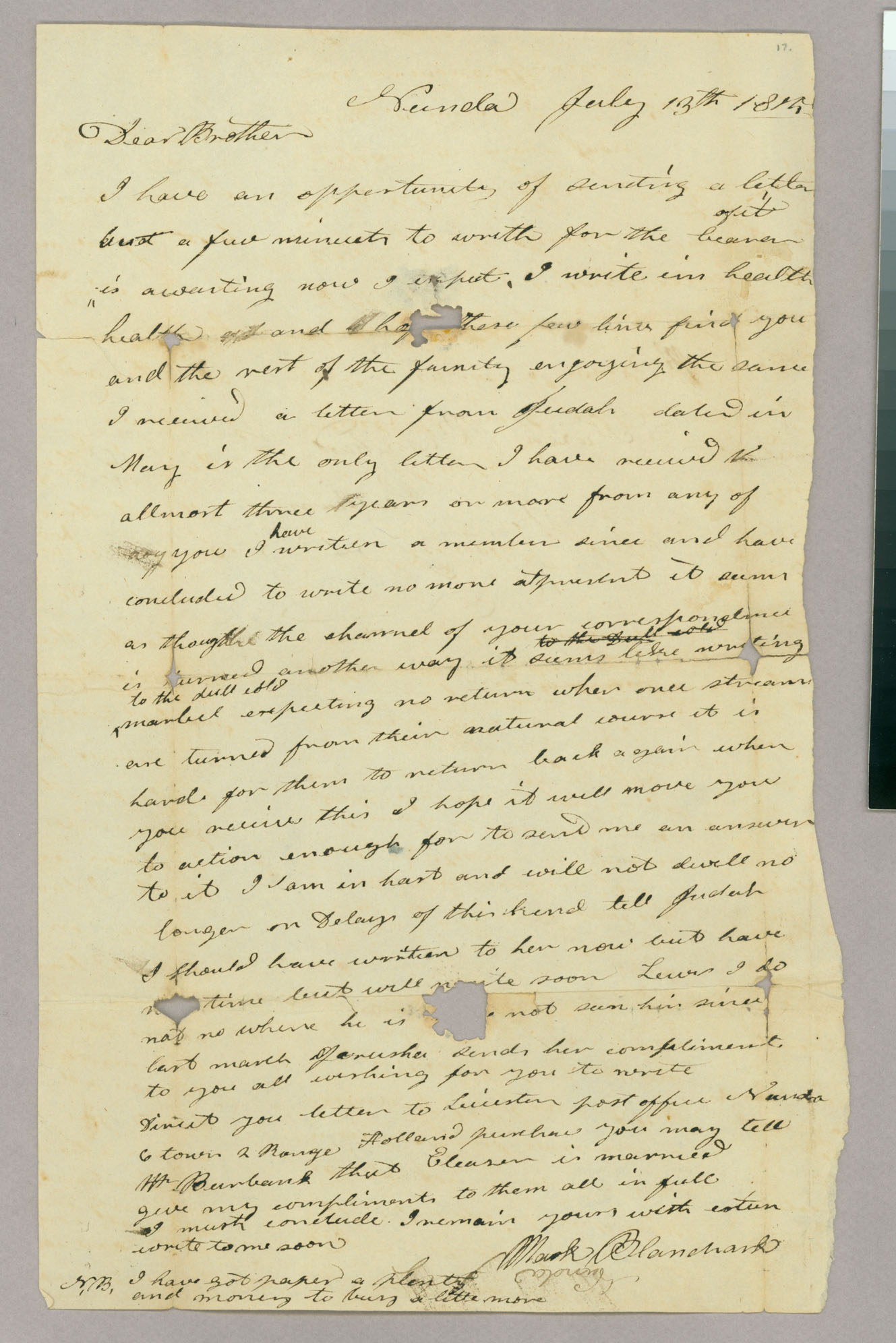 Letter, Mark Blanchard, Nunda, New York, to Hazen Blanchard, Peacham, Vermont, Page 1