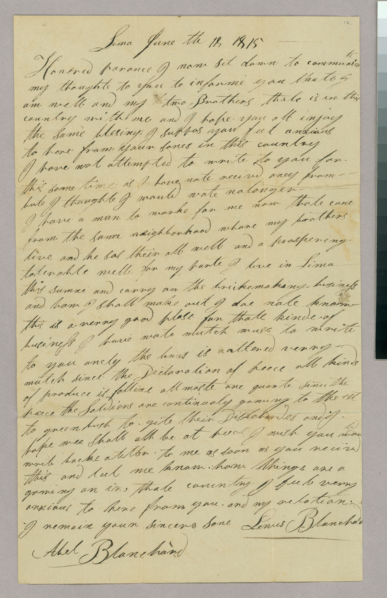 Letter, Lewis Blanchard, Lima, New York, to Capt Abel Blanchard, Peacham, Vermont, Page 1