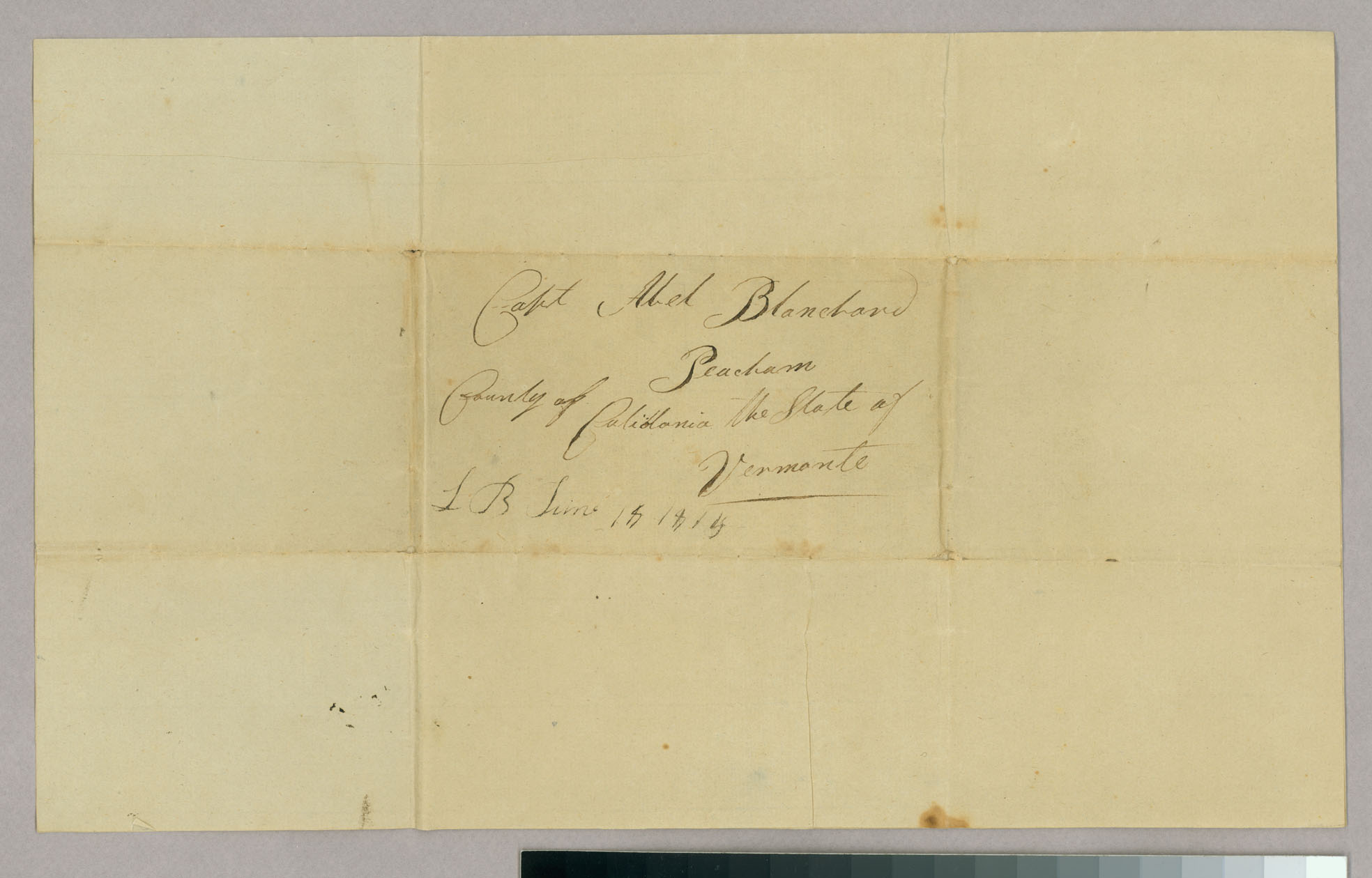 Letter, Lewis Blanchard, Lima, New York, to Capt Abel Blanchard, Peacham, Vermont, Address Leaf