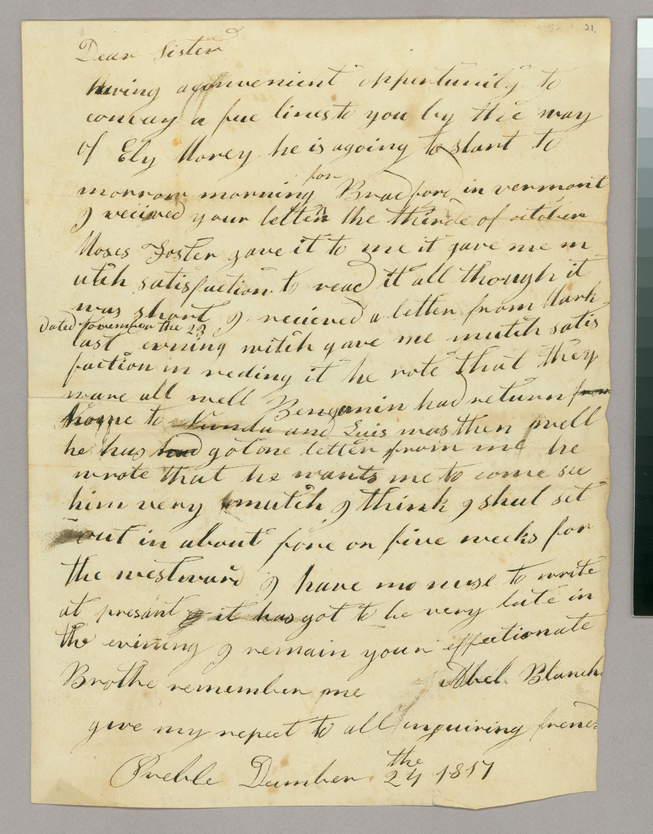 Letter, Abel Blanch[ard, Jr.], Preble, New York, to Judah [Judith] Blanchard, Peacham, Vermont, Page 1