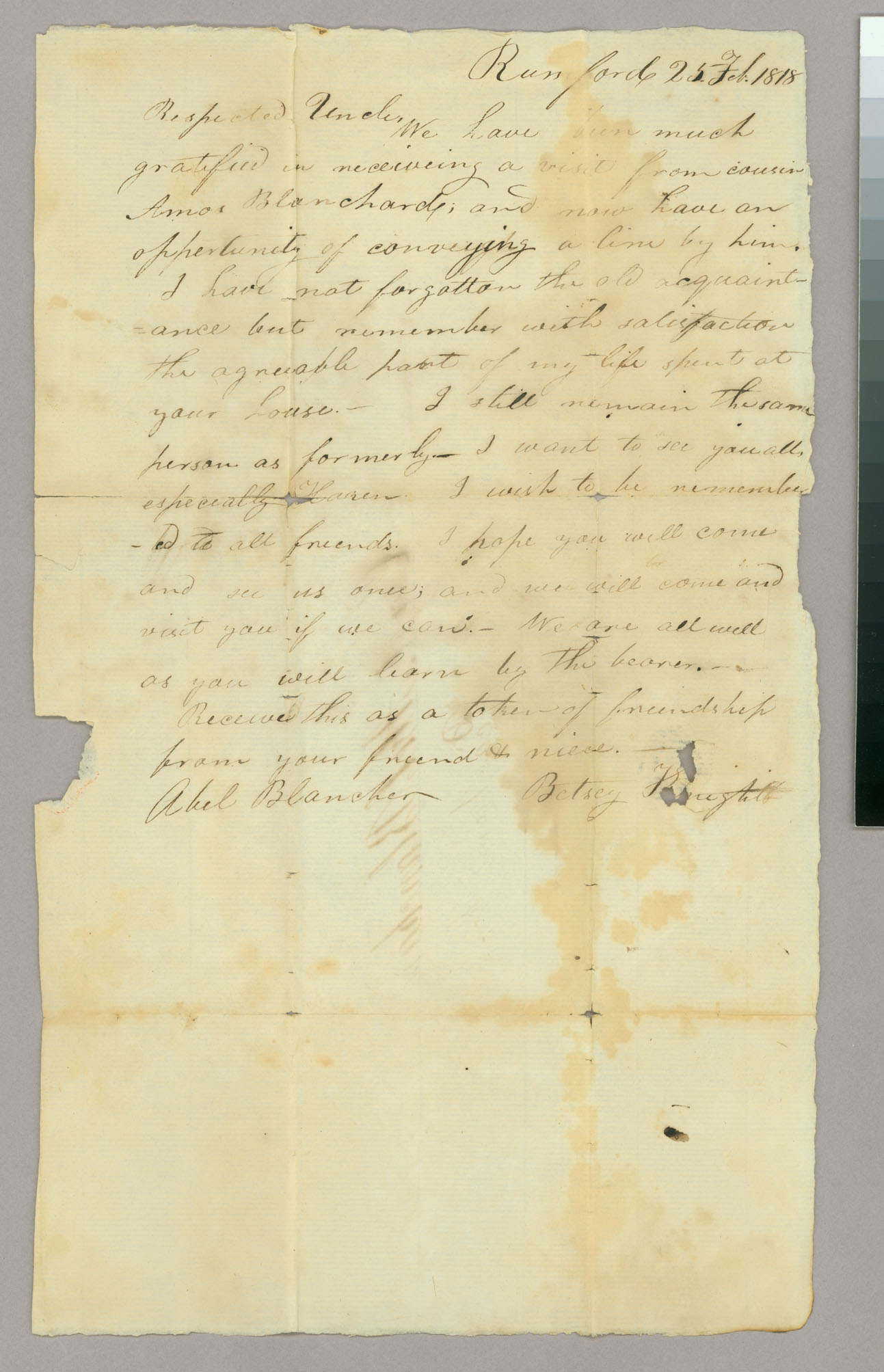 Letter, Betsey Knight, Rumford, Maine, to Capt. Abel Blanchard, Peacham, Vermont, Page 1