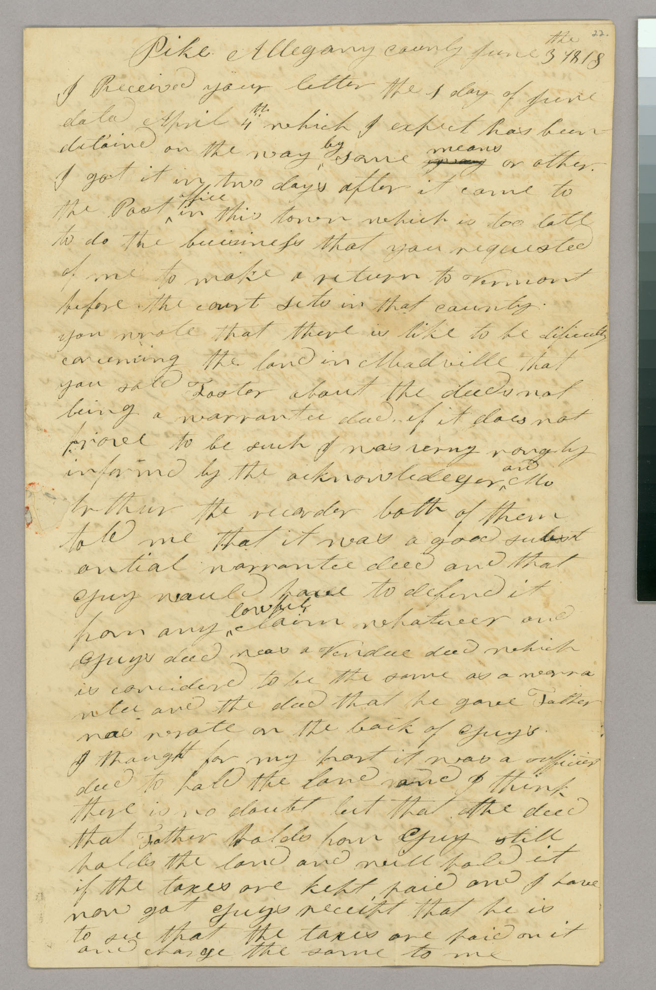 Letter, Benj[amin] Blanchard, Pike, New York, to Hazen Blanchard, Peacham, Vermont, Page 1