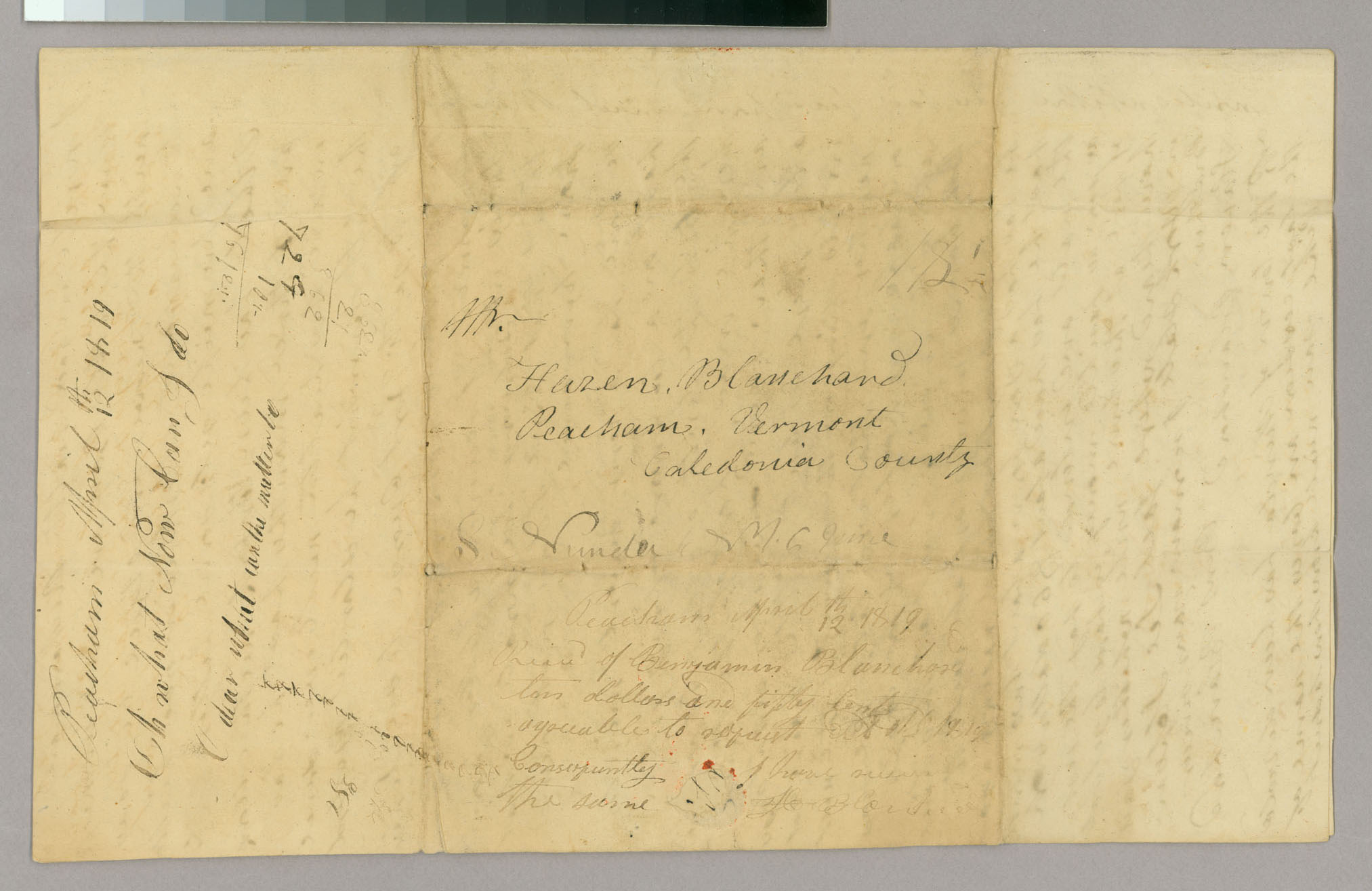 Letter, Benj[amin] Blanchard, Pike, New York, to Hazen Blanchard, Peacham, Vermont, Page 4/Address Leaf