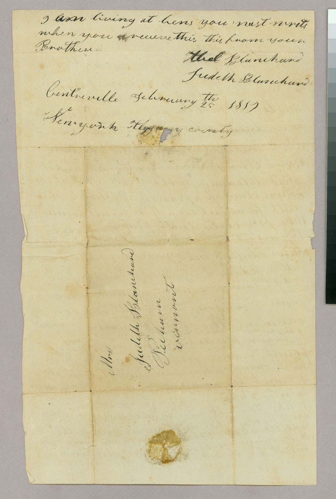 Letter, Abel Blanchard [Jr.], Centreville, New York, to Judith Blanchard, Peacham, Vermont, Page 2/Address Leaf