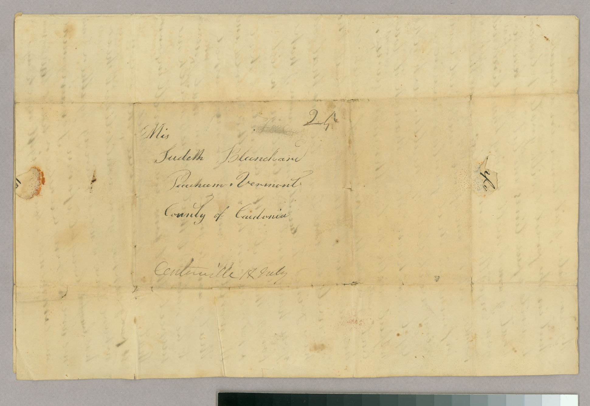 Letter, Abel Blanchard [Jr.], Centerville, New York, to Judith Blanchard, Peacham, Vermont, Address Leaf