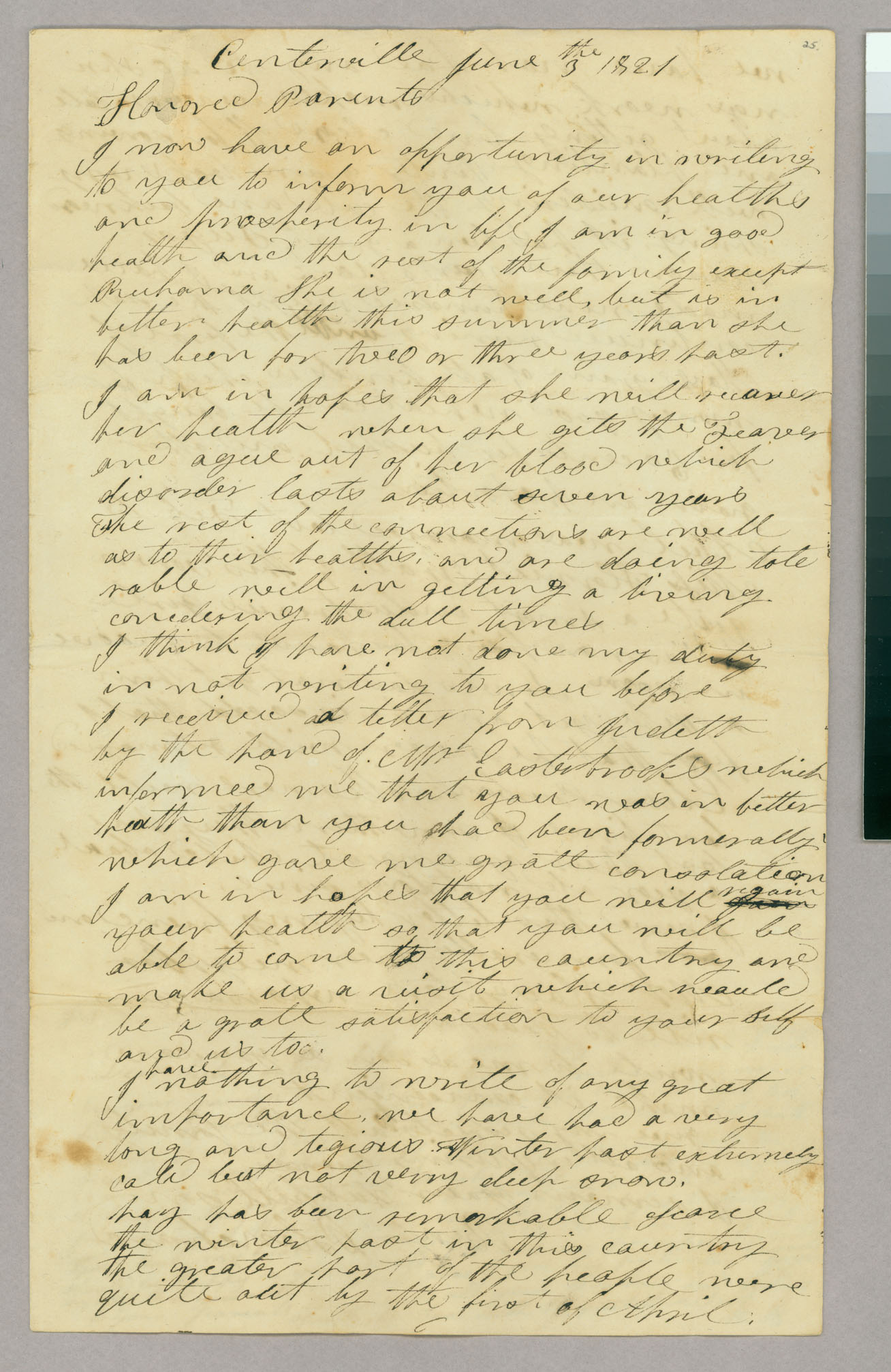 Letter, Benj[amin] Blanchard and R[uhanna] B[lanchard], Centerville, New York, to Capt Abel Blanchard and Judith B[lanchard], Peacham, Vermont, Page 1