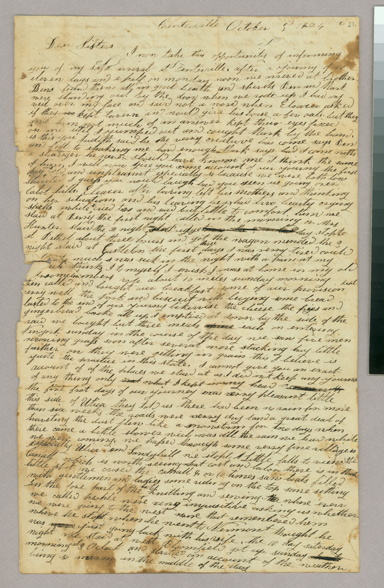 Letter, Judith Blanchard, Centerville, New York, to Sally Blanchard and Cynthia Blanchard, Peacham, Vermont, Page 1