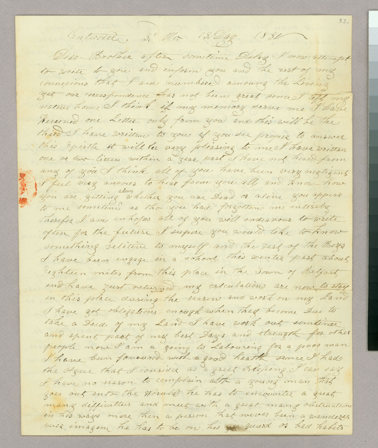 Letter, Barnes Blanchard, Centerville, New York, to Hazen Blanchard and E[lizabeth] Blanchard, Peacham, Vermont, Page 1