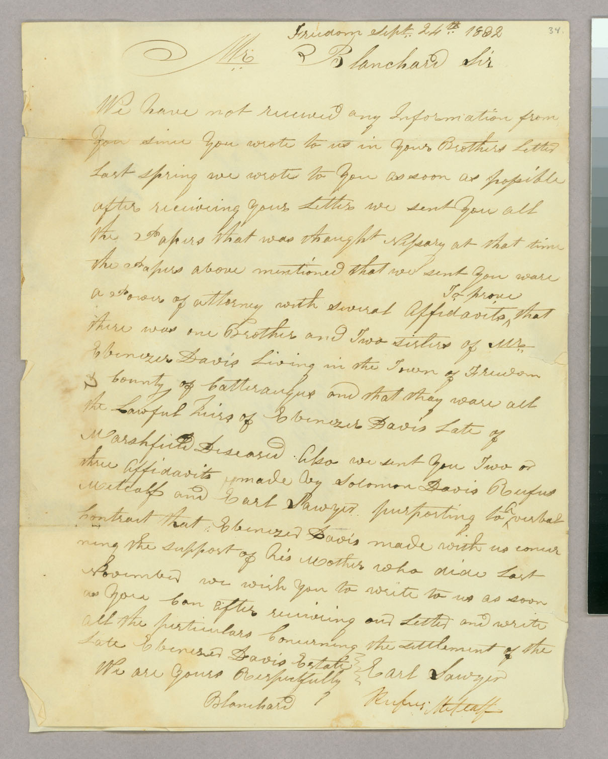 Letter, Earl Sawyer and Rufus Metcalf, Freedom, New York, to Mr Hazen Blanchard, Peacham, Vermont, Page 1
