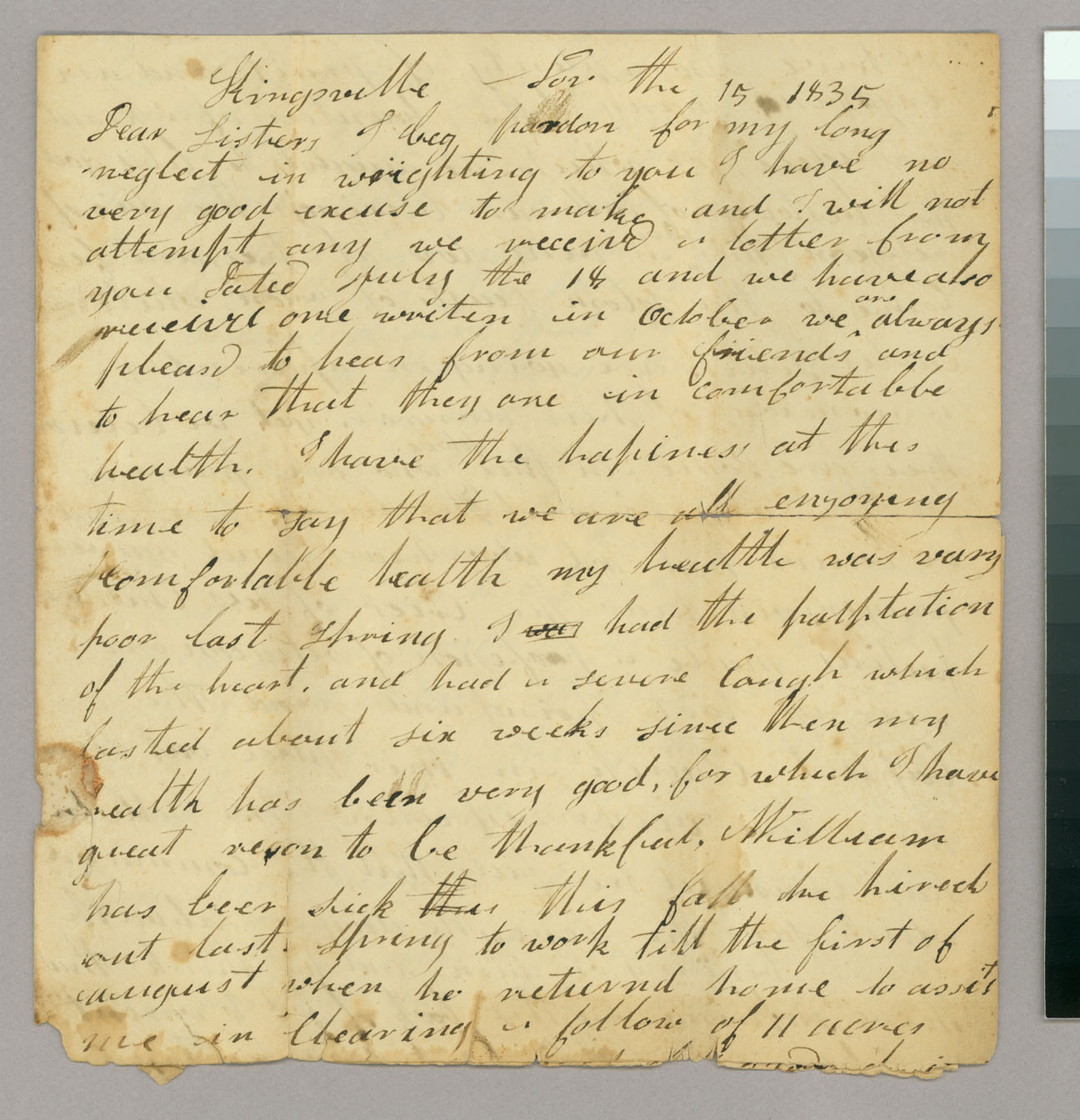 Letter, &quot;E T&quot;, Kingsville, Ohio, to Elizabeth Todd, Plymouth, Connecticut, Page 1