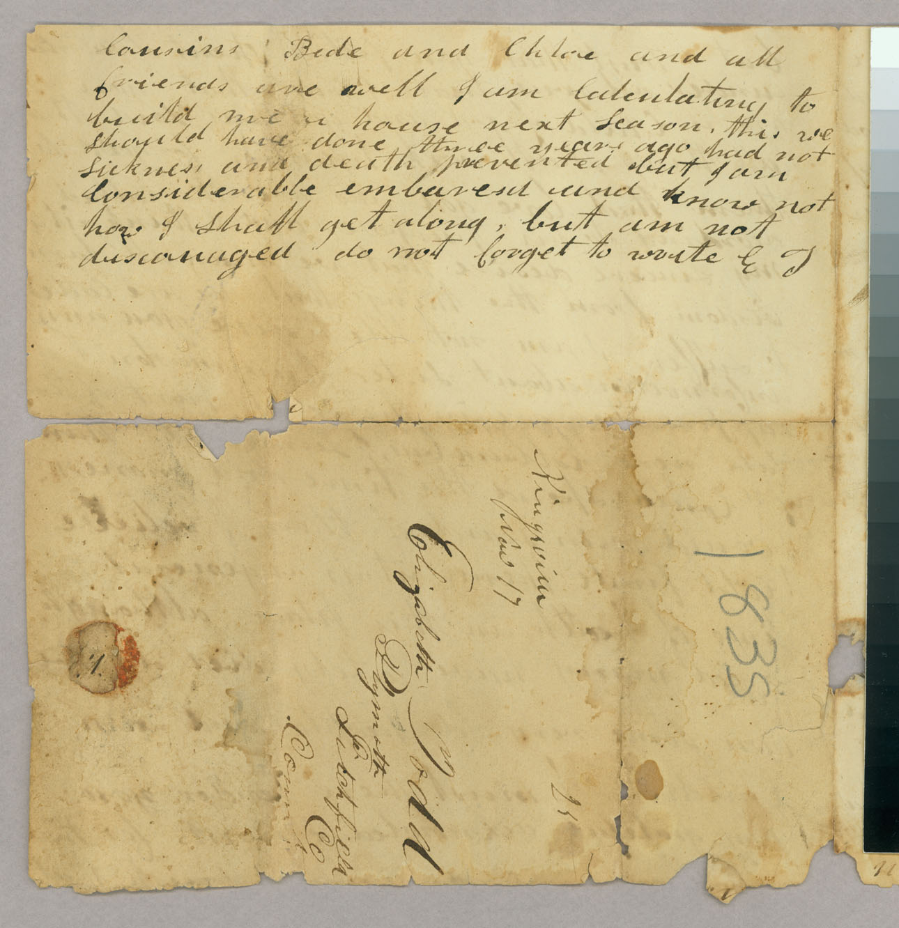 Letter, &quot;E T&quot;, Kingsville, Ohio, to Elizabeth Todd, Plymouth, Connecticut, Page 4/Address Leaf
