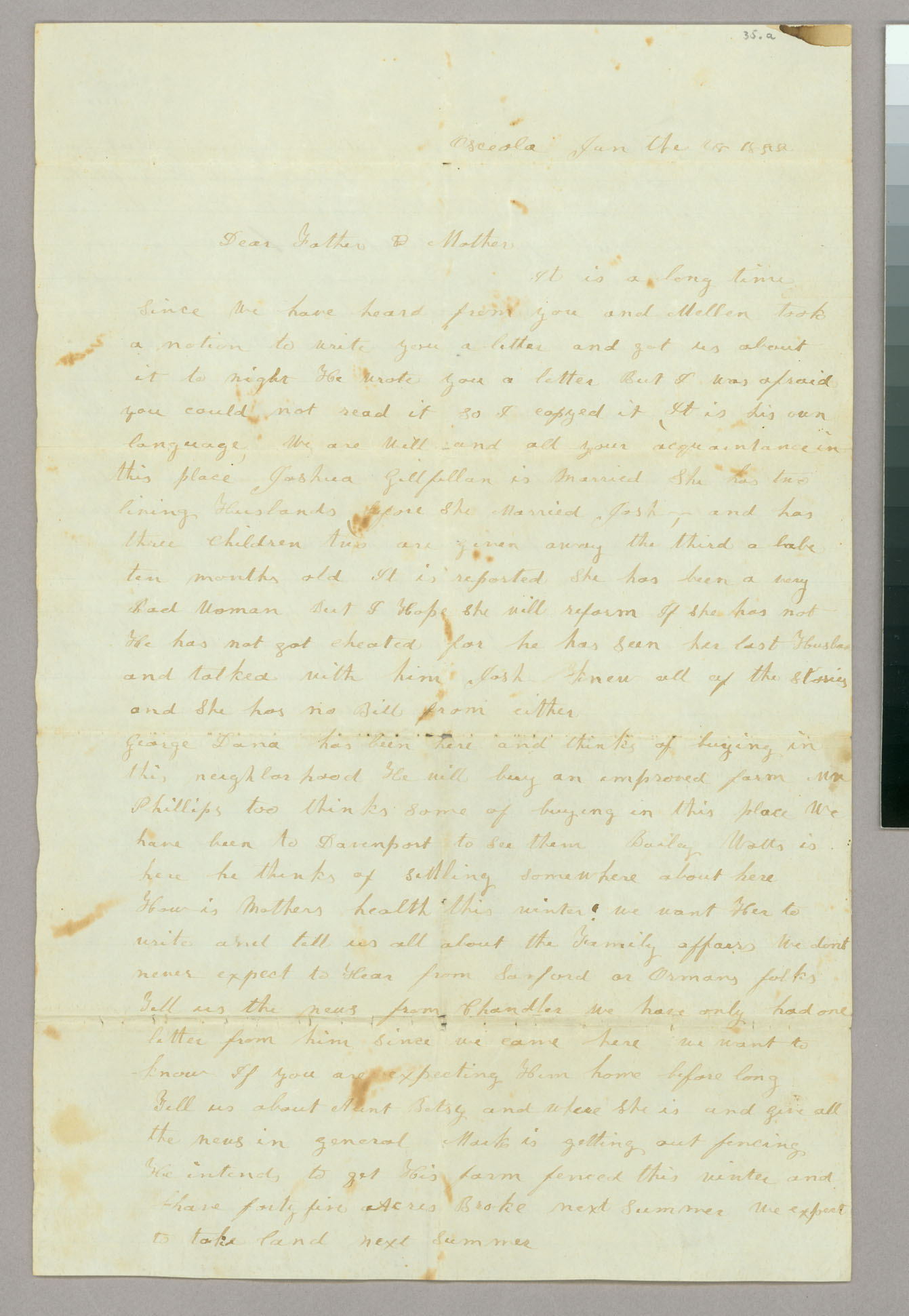 Letter, Harriet Blanchard, Osceola, New York, to &quot;Father and Mother&quot;, Page 1