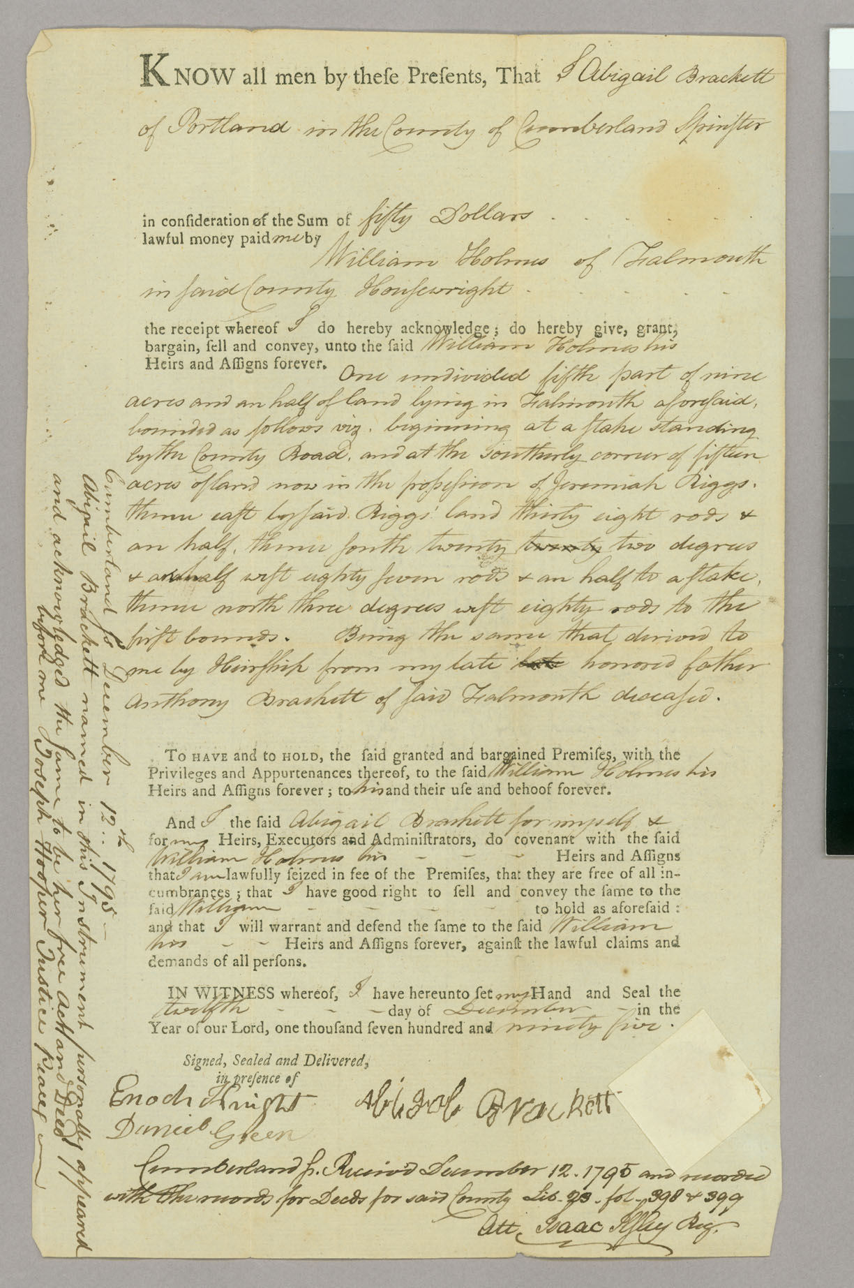 Land deed of sale, Abigail Brackett to William Holmes, Page 1