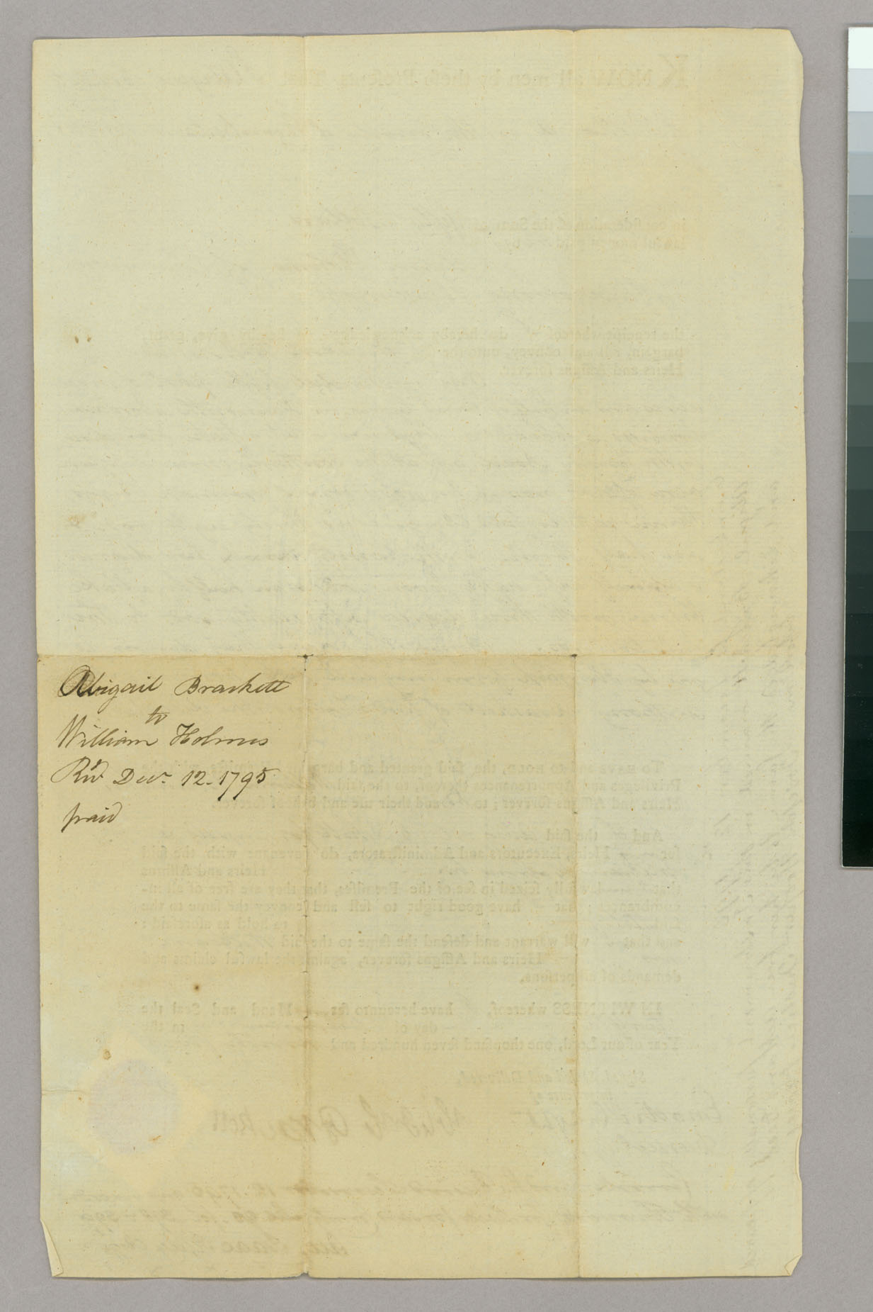 Land deed of sale, Abigail Brackett to William Holmes, Address Leaf