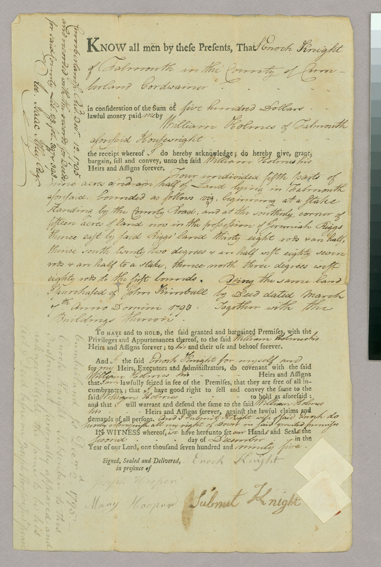 Land deed of sale, Enoch Knight to William Holmes, Page 1