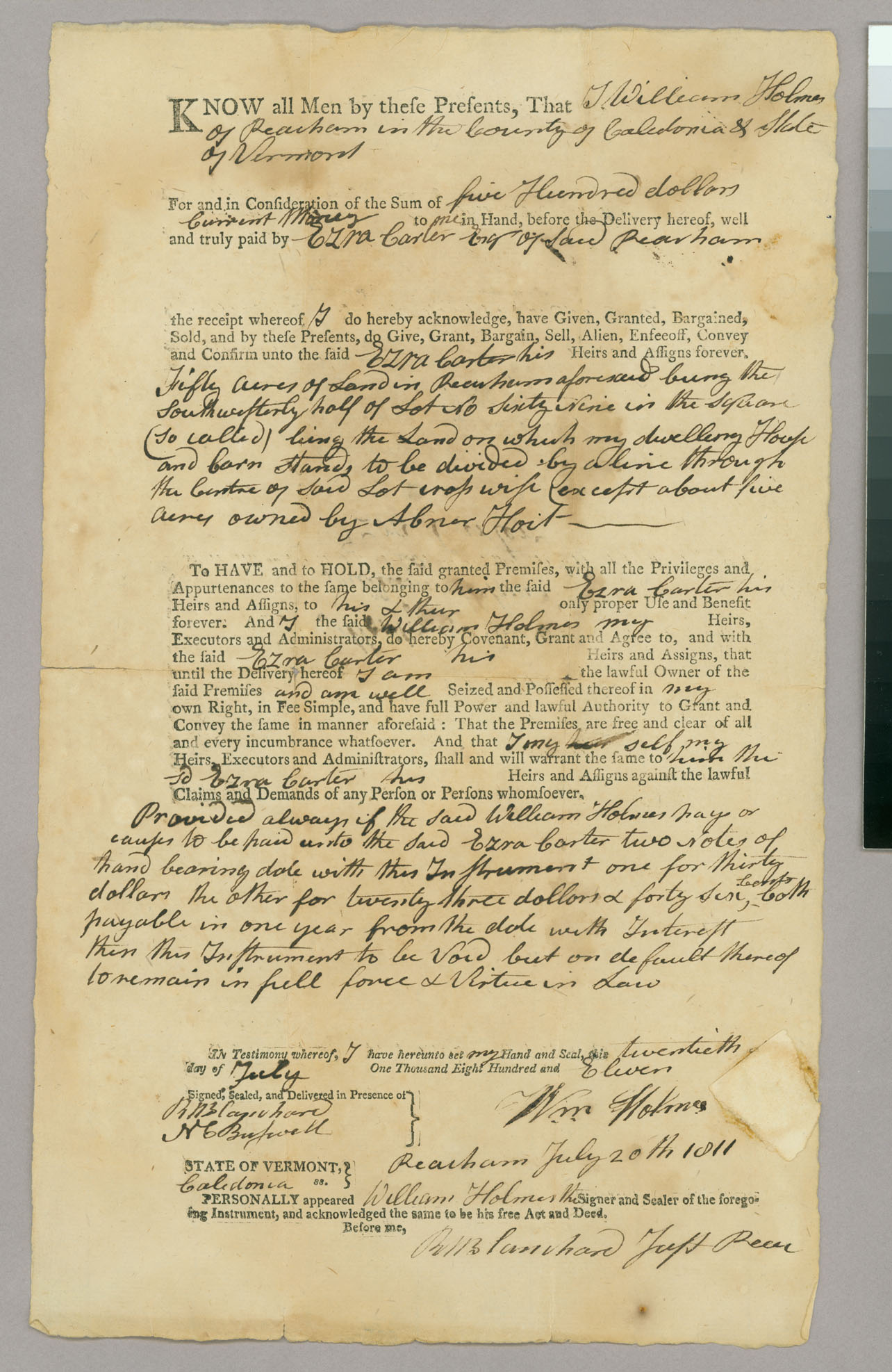 Land deed of sale, William Holmes to Ezra Carter, Page 1