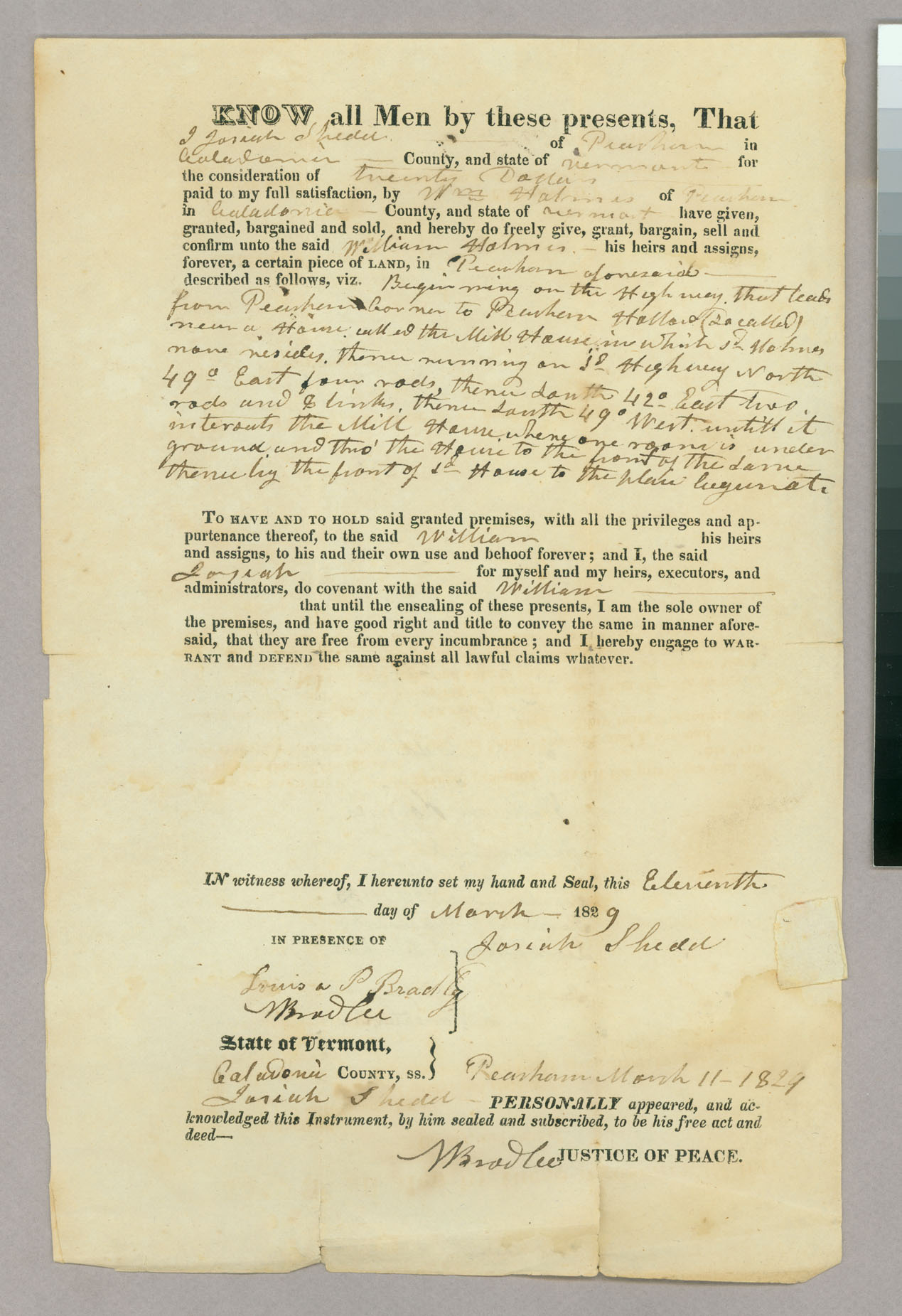 Land deed of sale, Josiah Shedd to William Holmes, Page 1