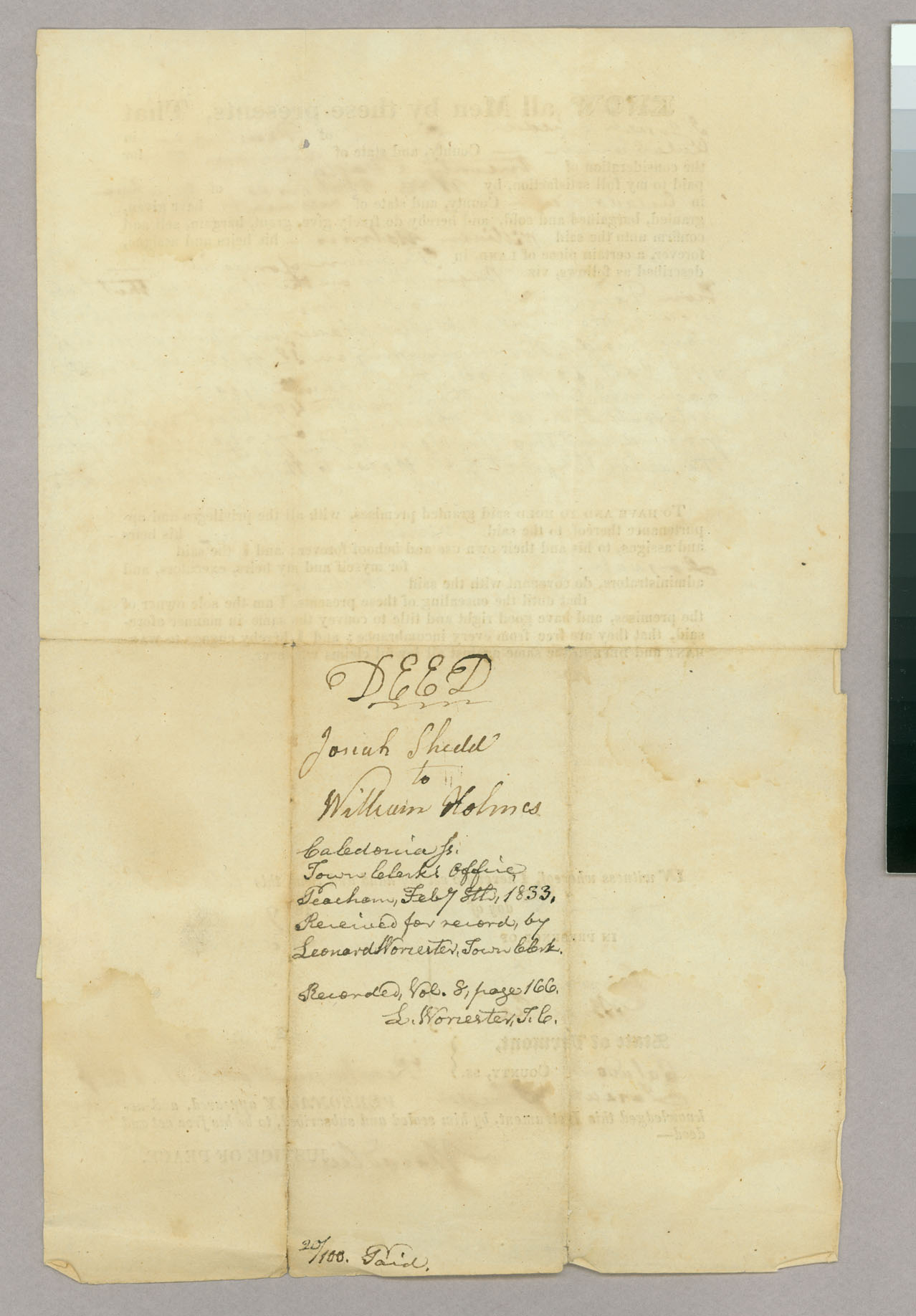 Land deed of sale, Josiah Shedd to William Holmes, Address Leaf