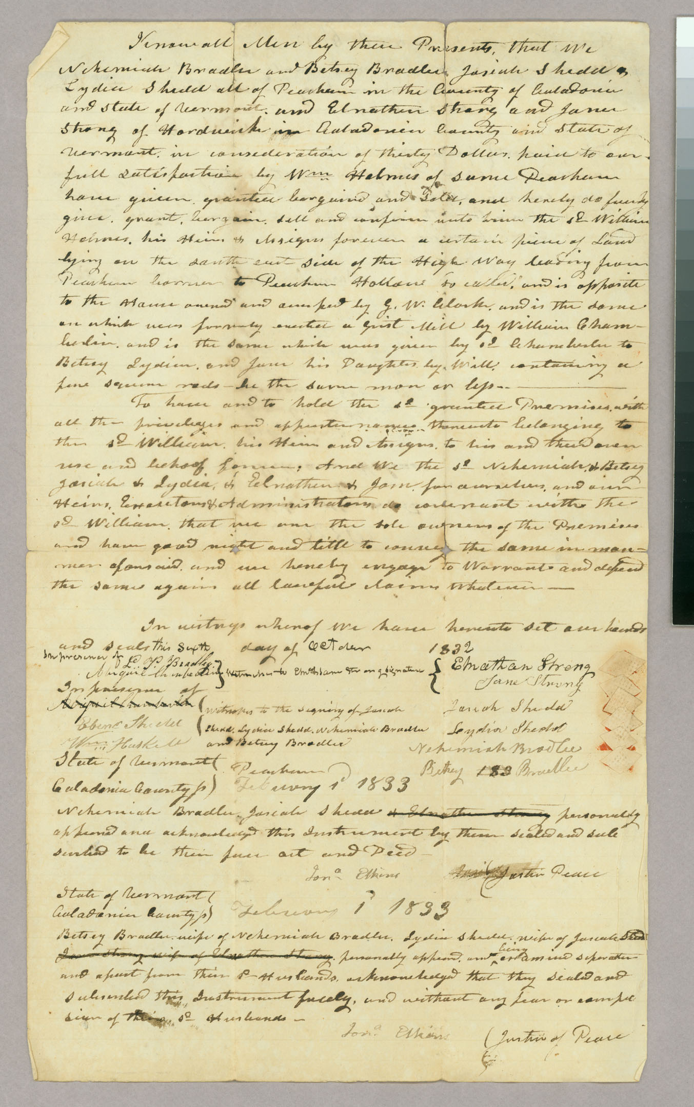 Land deed of sale, Nehemiah Bradlee et al to William Holmes, Page 1