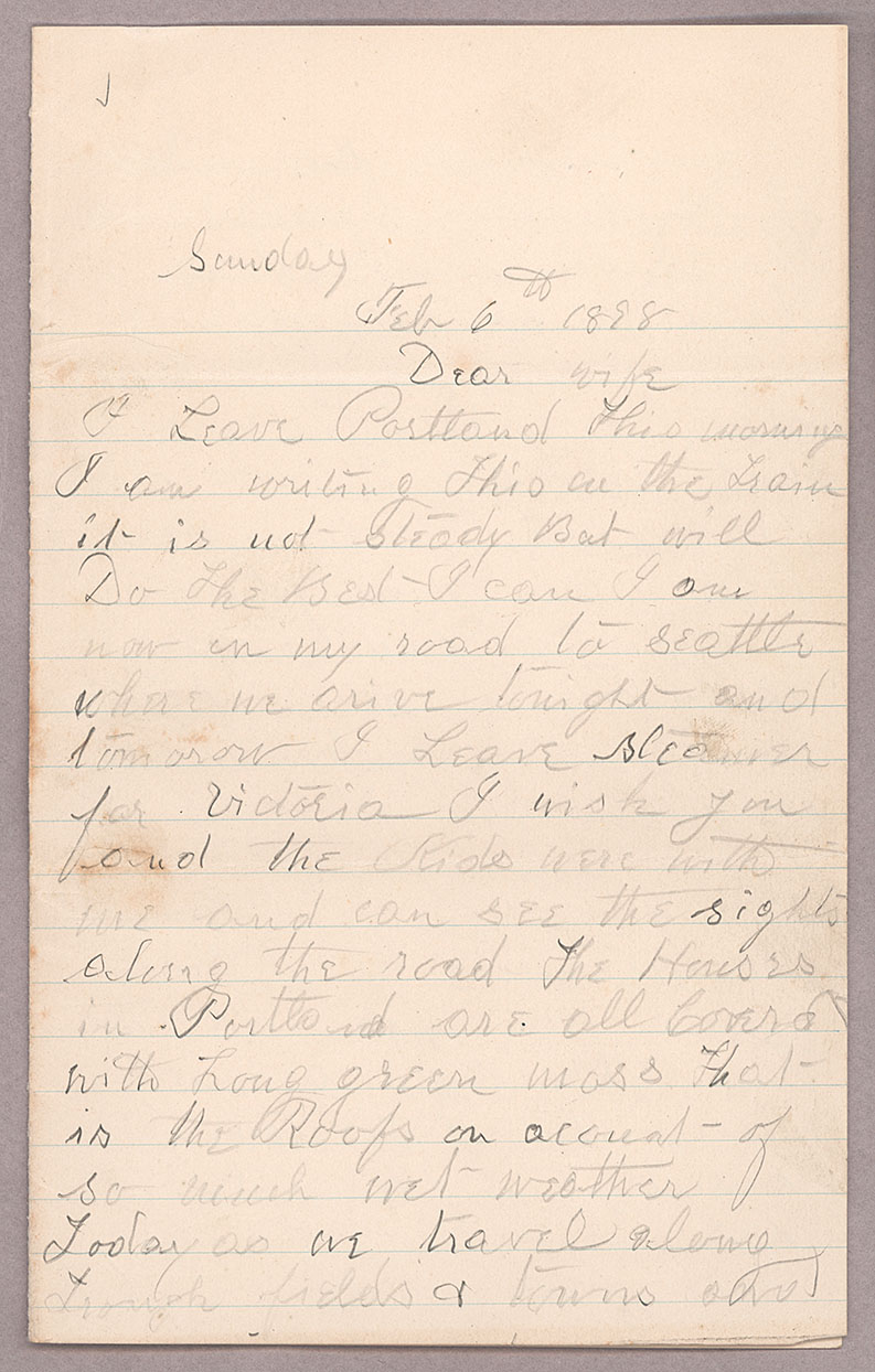 Letter, [John F. Delaney], en route to Seattle, Washington, to Caroline D. Delaney, [Salt Lake City, Utah], Page 1