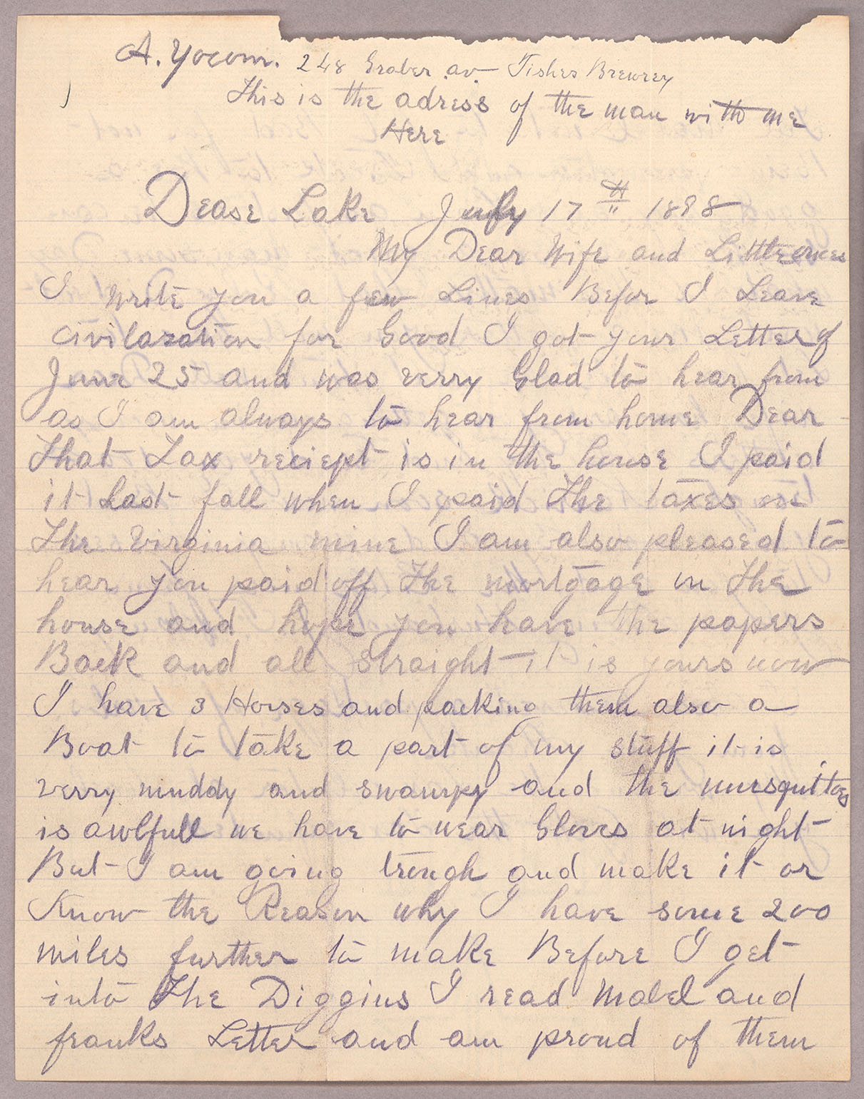 Letter, John F. Delaney, Dease Lake, British Columbia, to Caroline D. Delaney, [Salt Lake City, Utah], Page 1