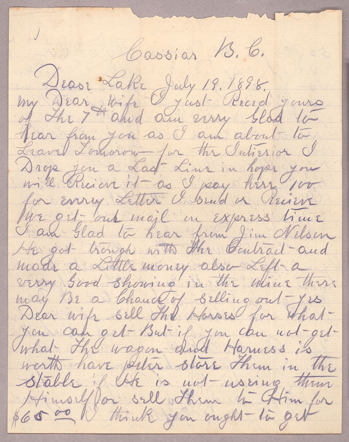 Letter, John F. Delaney, Dease Lake, British Columbia, to Caroline D. Delaney, [Salt Lake City, Utah], Page 1