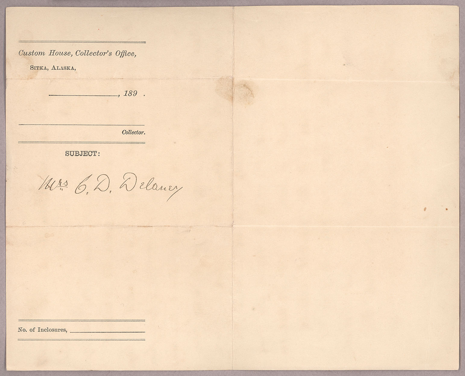 Letter, John F. Delaney, Boundary Line, Stikine River, to Carolinea D. Delaney, [Salt Lake City, Utah], Page 1