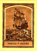 Bookplate of Harold F. Haynes showing a ship at sea.