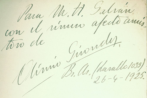 An inscription from Girondo to M. H. Galván.