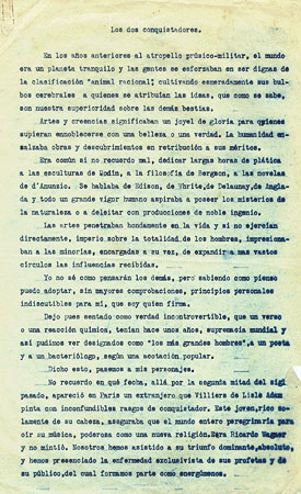 First page of the typed manuscript for the essay Los dos conquistadores.