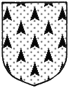 a shield with an all over pattern of arrowhead triangles pointing up, black on a dotted white background
