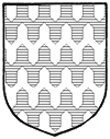 bell-shaped patches in an alternating pattern of blue and white, in which each shape stands broad edge to broad edge or point to point with one of the opposite tincture above or below it, shifted by half to the left or right to create a wave-like pattern