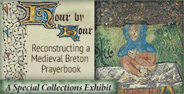 Animated GIF with title of exhibit (Hour by Hour: Reconstructing a Medieval Breton Prayerbok) and rotating image of the twelve monthly labors.