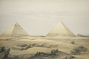 Illustration of the Pyramids at Giza, from David Roberts' Egypt and the Holy Land.