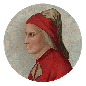 Portrait under glass of Dante Alighieri in red robe.
