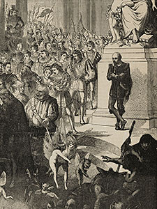 Detail of an etching showing Shakespeare watching a parade of characters from his plays.