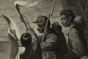 Detail of print on display, showing the central three figures: a soldier holding the Emancipation Proclamation flanked by two slaves..